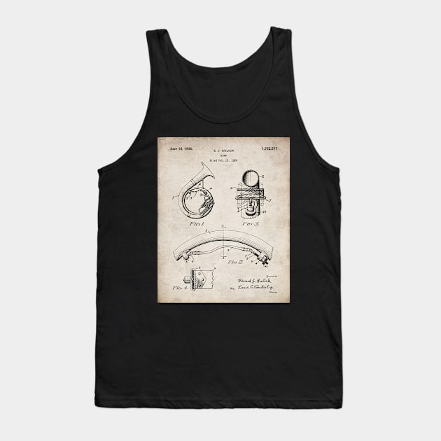 Brass Band Horn Patent - Musician Wind Instrument Art - Antique Tank Top by patentpress